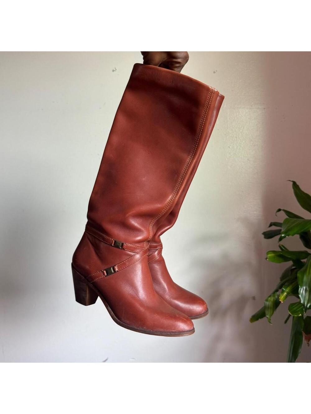 70s Cognac Brown Leather Knee High Harness Riding Boots US 6.5